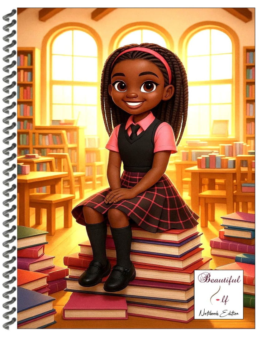 Notebook with a cover illustrated image of a girl with long black braids sitting on stacks of books in a library