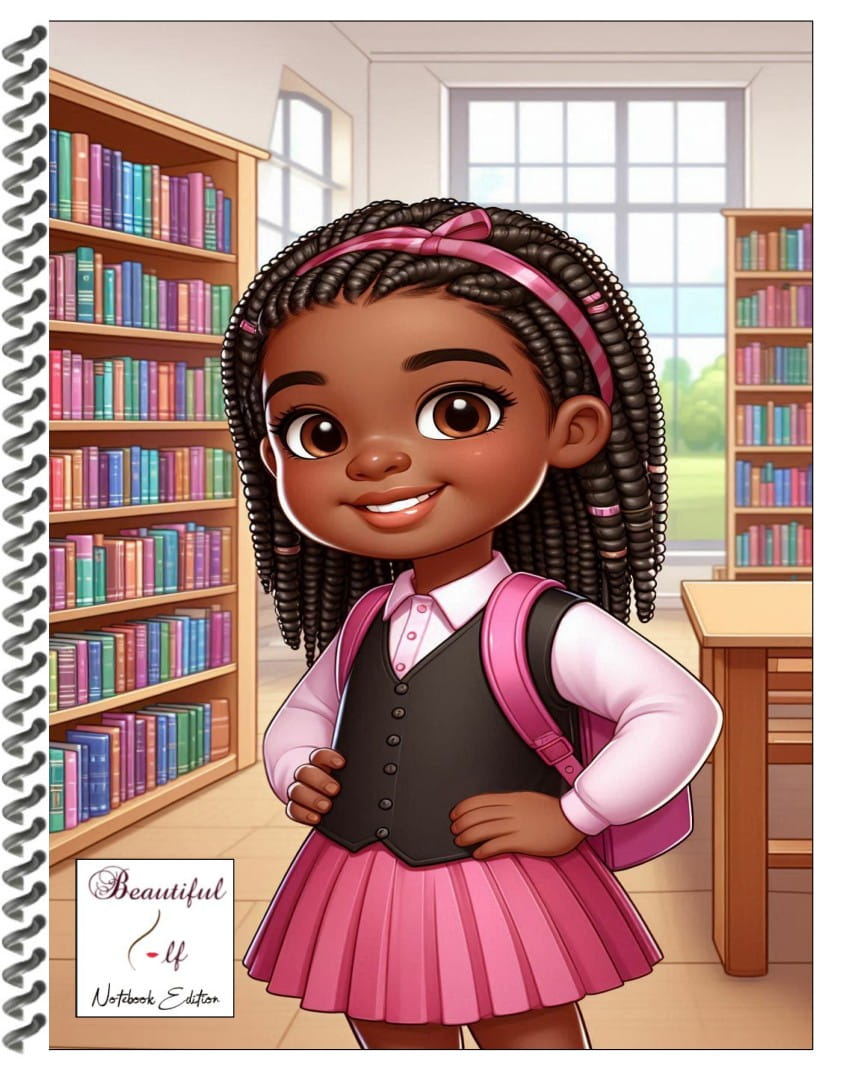 Notebook with an illustrated image of a girl standing in a library near shelves of books