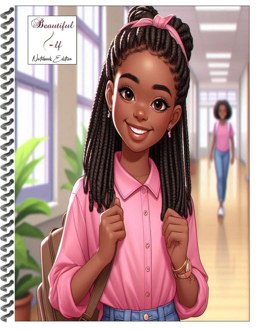 Notebook with a cover illustrated image of a school girl standing in the school hallway, smiling.