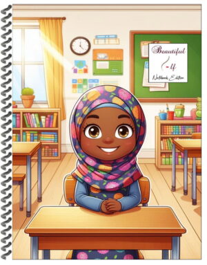 Notebook with a cover illustrated image of an elementary school girl wear a hijab sitting at her desk smiling