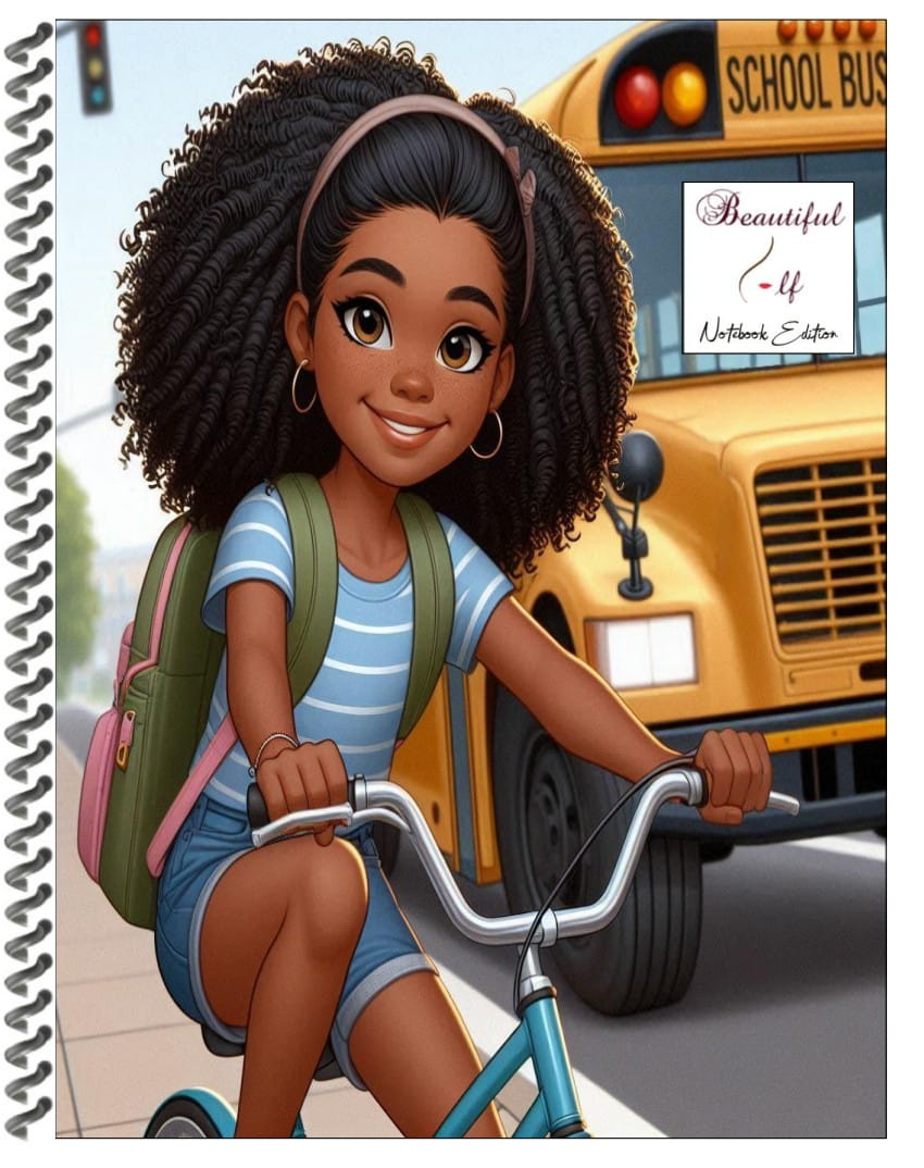 Notebook with an illustrated image of a teenage girl riding a bicycle near a school bus