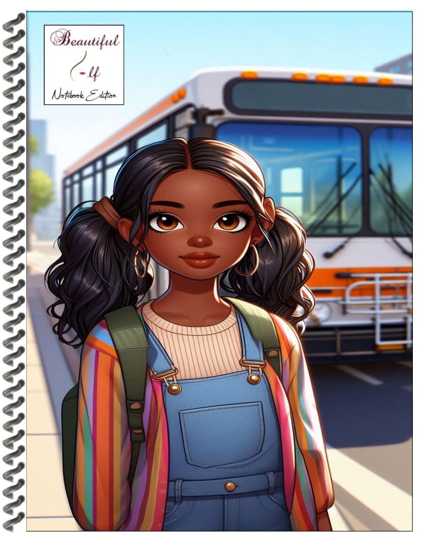 Notebook with an illustrated image of a teenage girl standing outside near a bus