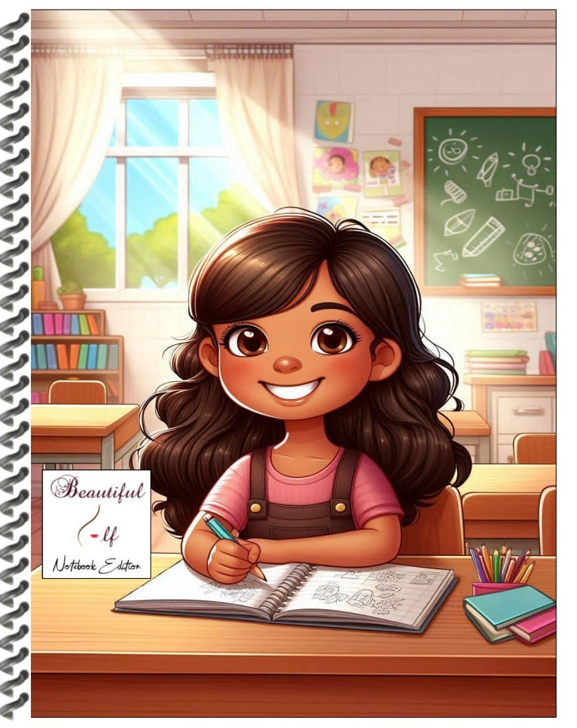 Notebook with a cover illustrated image of an elementary school girl sitting at her desk smiling.