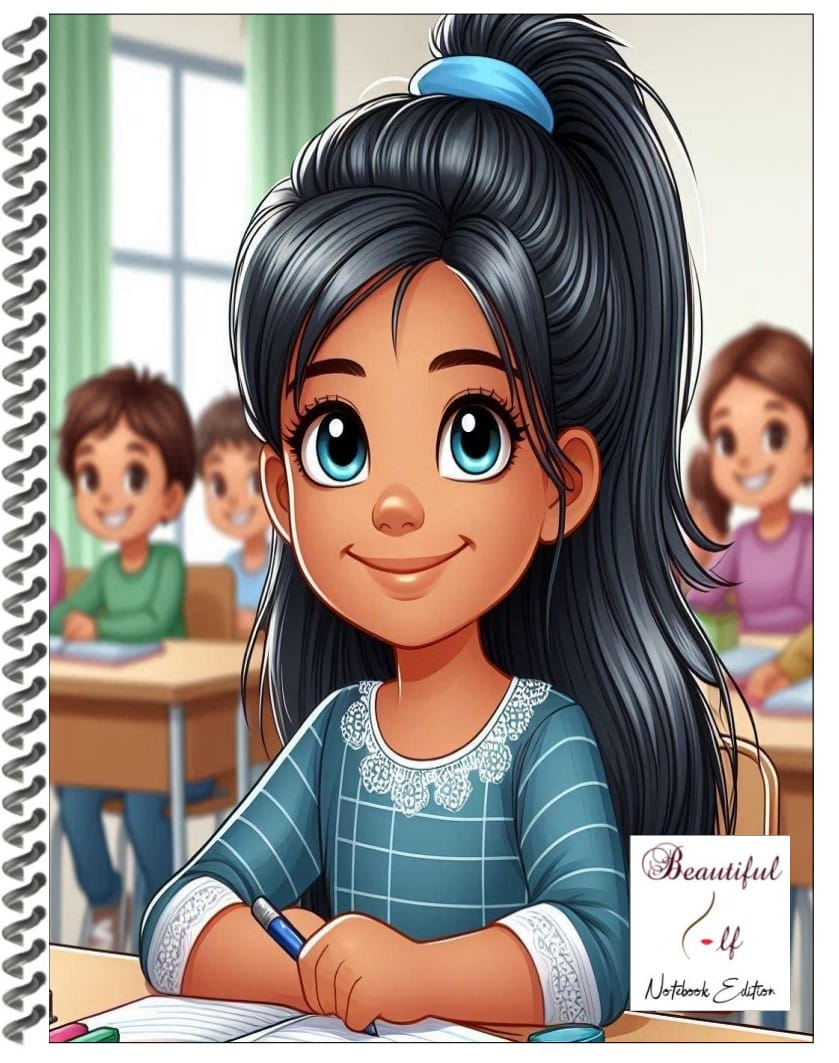 Notebook with a cover illustrated image of an elementary school girl sitting at her desk smiling