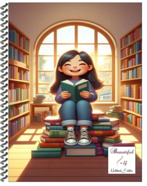 Notebook with a cover illustrated image of a teenage girl with long black hair sitting on stacks of books in a library reading