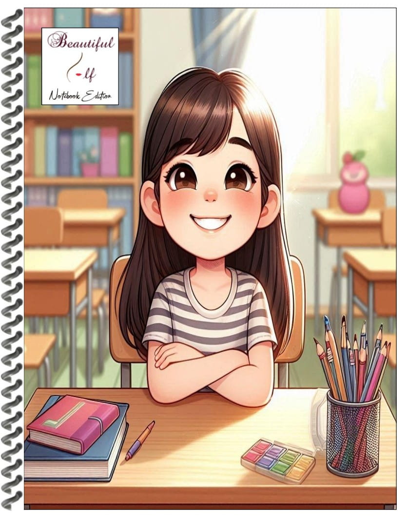 Notebook with a cover illustrated image of an elementary school girl sitting at her desk smiling.