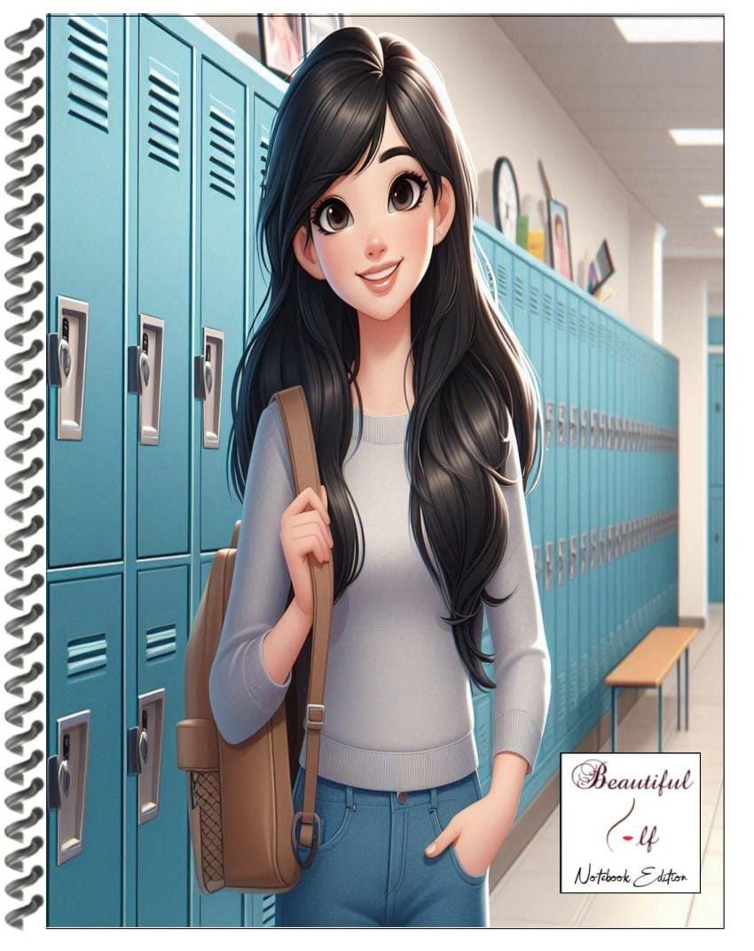 Notebook with an illustrated image of a teenage girl standing next to school lockers in a hallway