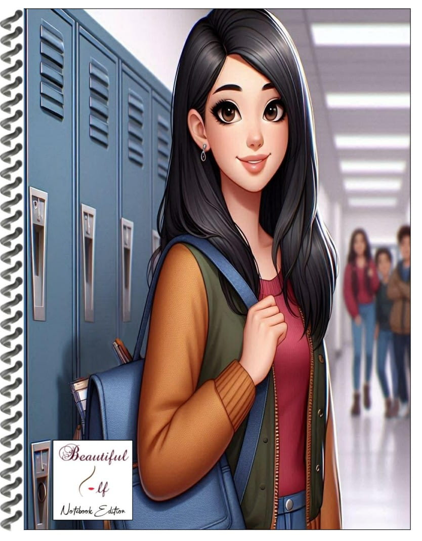 Notebook with an illustrated image of a teenage girl standing next to school lockers in a hallway