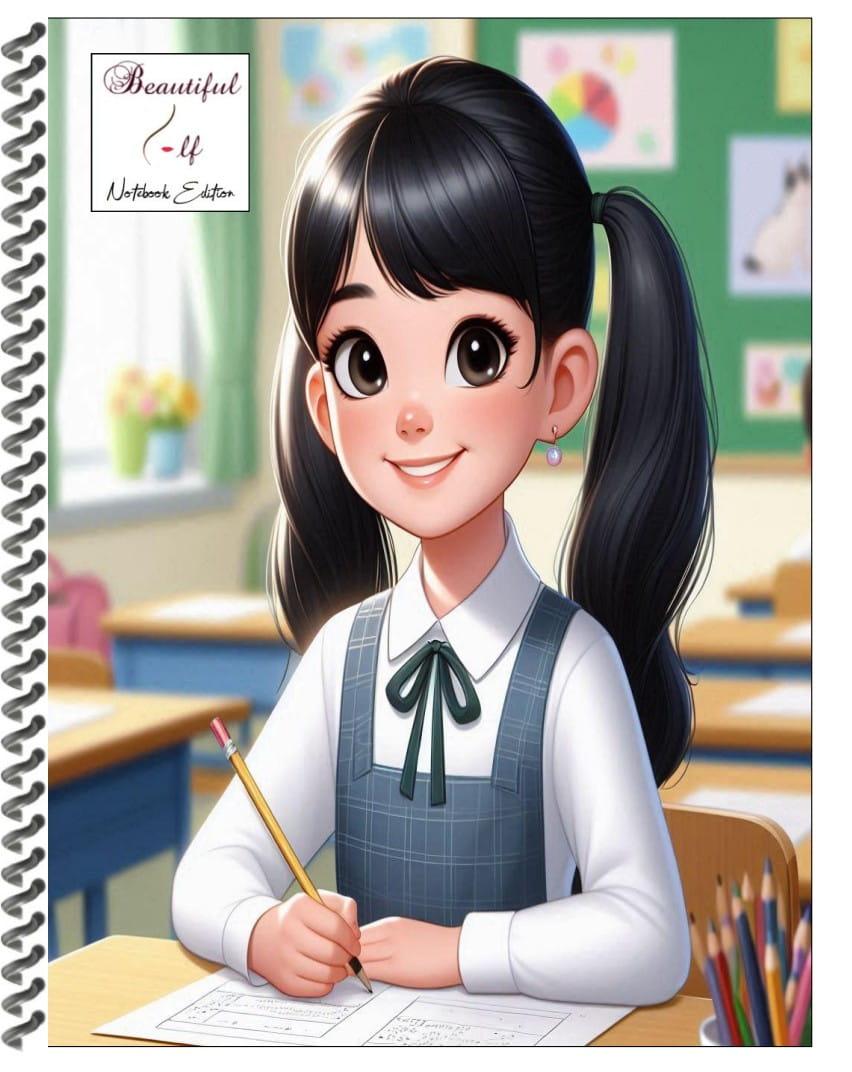 Smiling school girl with black hair ponytails sitting in school desk in classroom