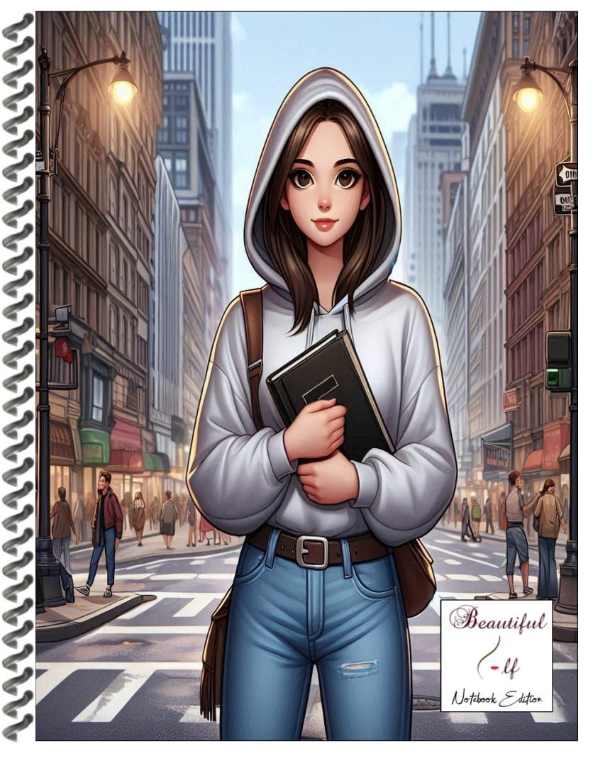 Teenage girl wearing a hoodie, holding a book in the middle of the street with skycraper buildings of a city in the background