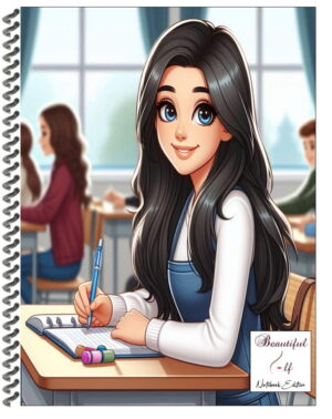 Smiling school girl with black hair sitting in school desk in classroom with other children sitting in the background
