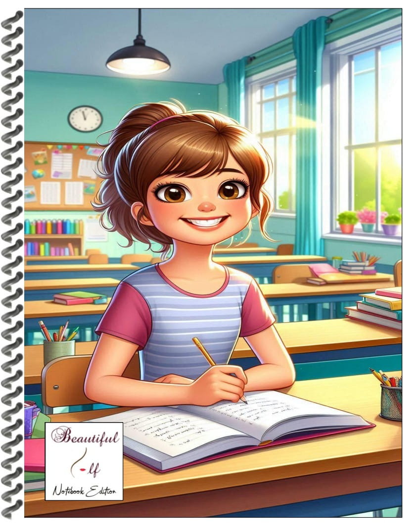 Smiling school girl with brown hair sitting in school desk in classroom