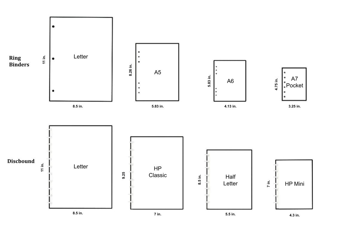 diagram of the different sizes of Ring binders and Discbound binder with measures for each binder