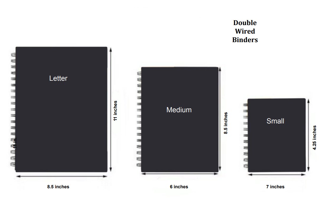 Diaghram of 3 different Double wired binder sizes and their measurements