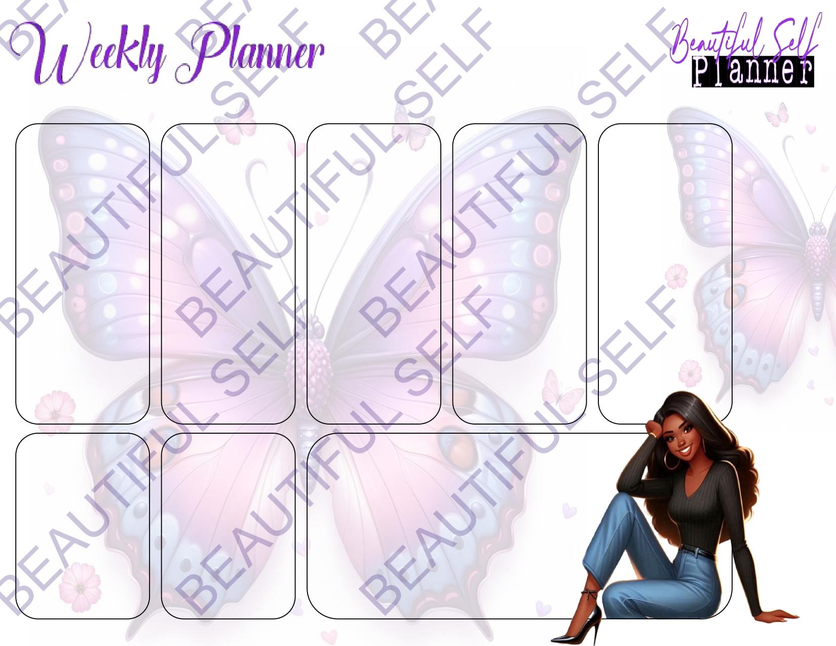 Weekly calendar with butterfly design and an African descent woman