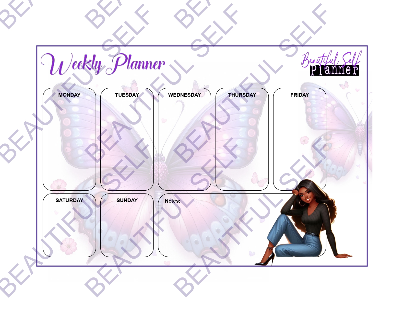 Weekly calendar with butterfly design and an African descent woman