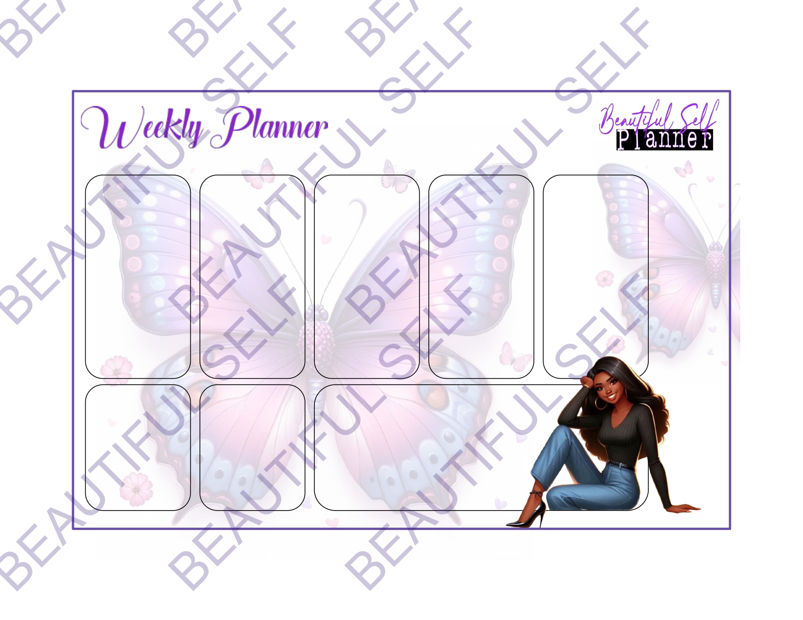 Weekly calendar with butterfly design and an African descent woman