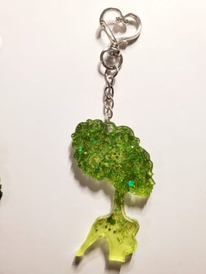heart-shaped keychain hook with a resin mold shaped as a woman with an up-do hairstyle with green glitter decorations