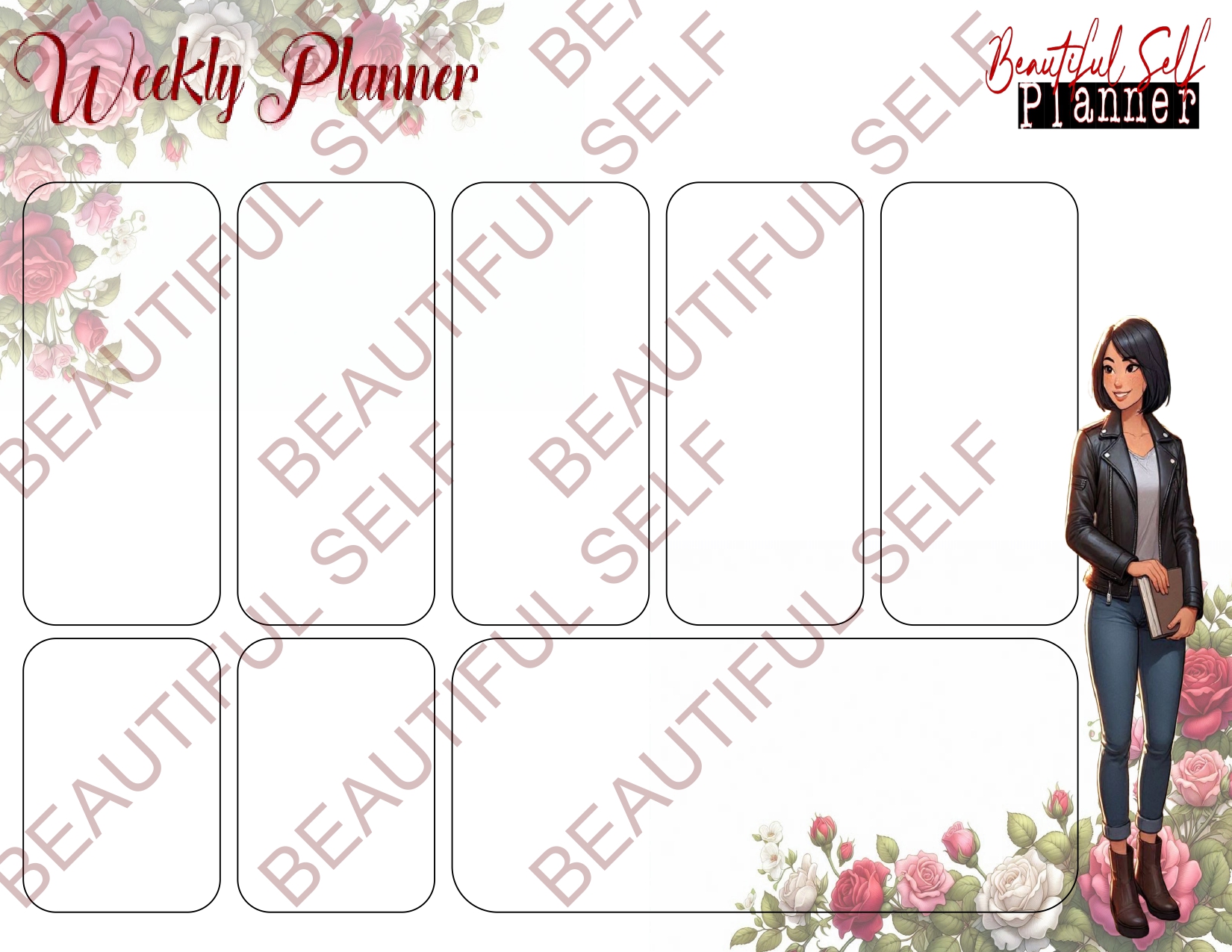 Rose theme Weekly Calendar with illustrated Asian woman