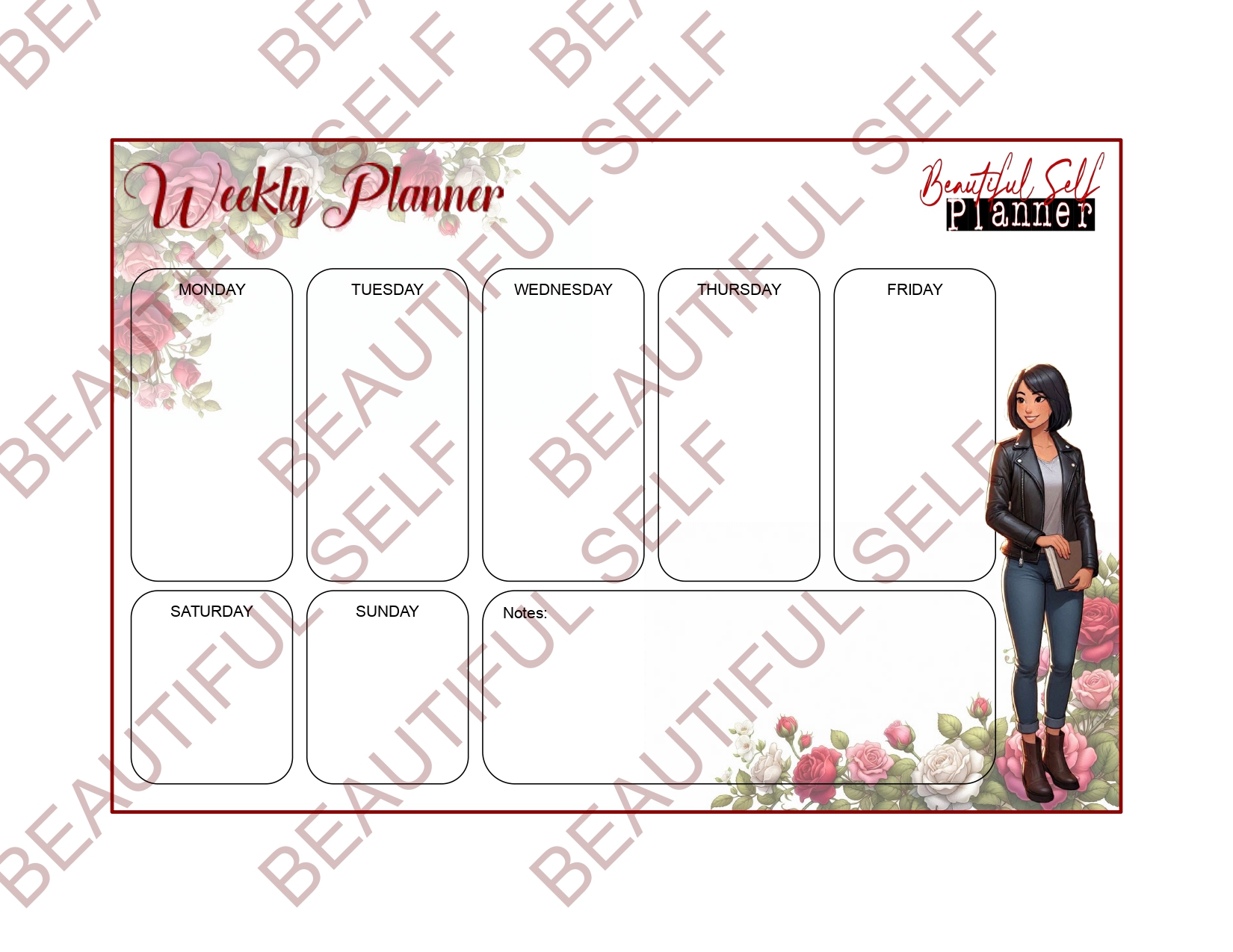 Rose theme Weekly Calendar with illustrated Asian woman
