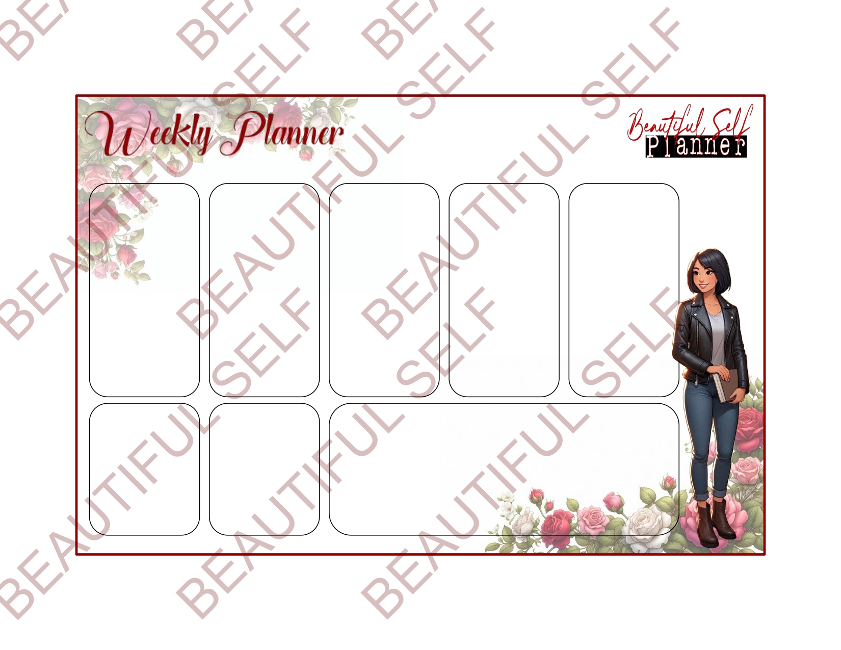 Rose theme Weekly Calendar with illustrated Asian woman