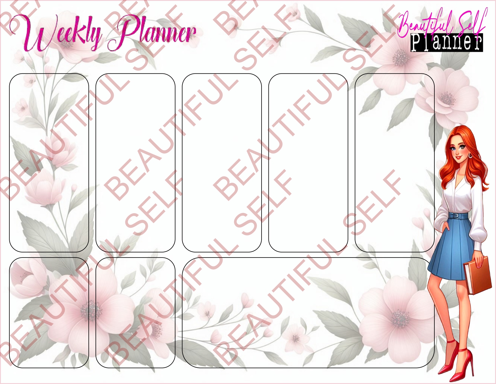 pink floral themed Weekly calendar with illustrated European woman