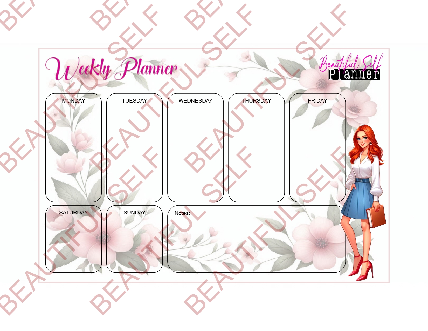 pink floral themed Weekly calendar with illustrated European woman