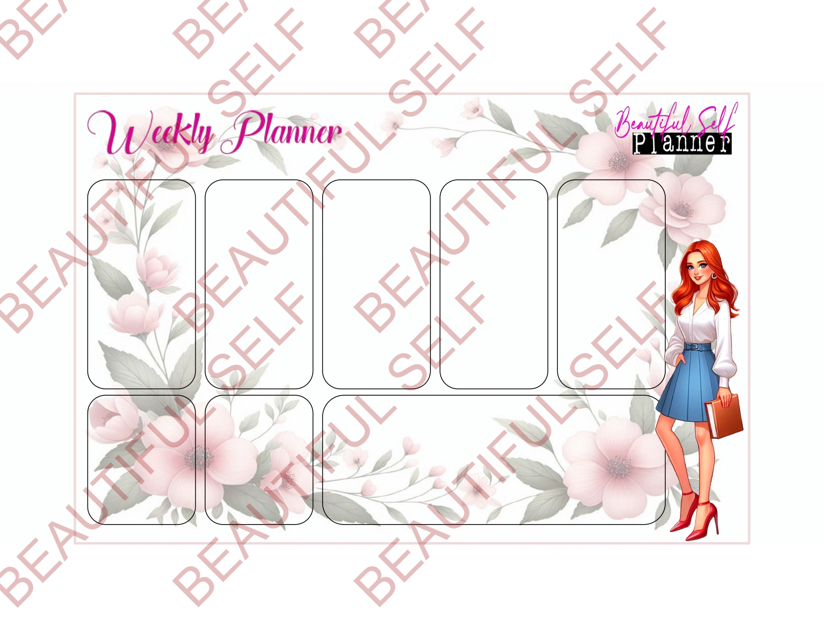 pink floral themed Weekly calendar with illustrated European woman
