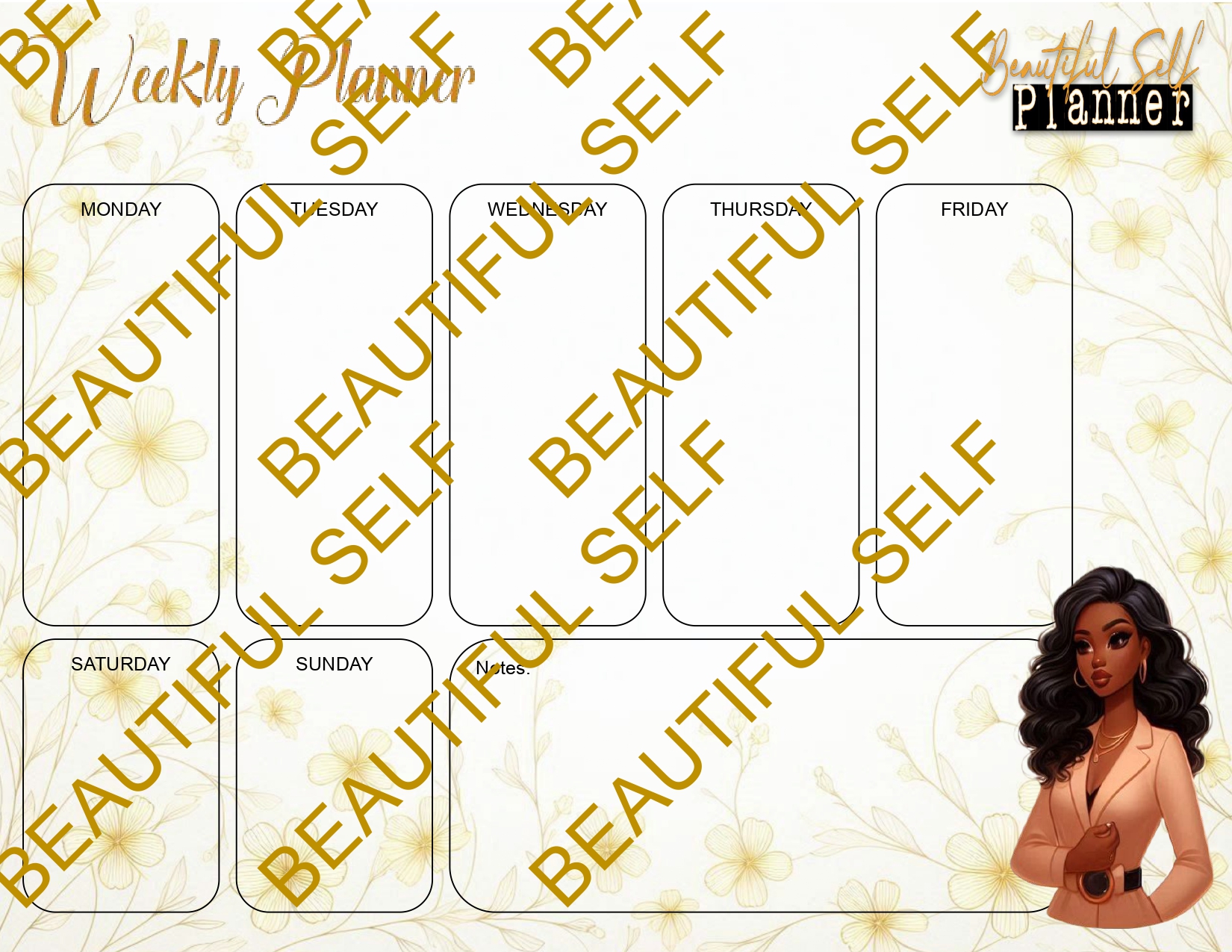 Weekly planner with black woman and yellow flower theme letter size