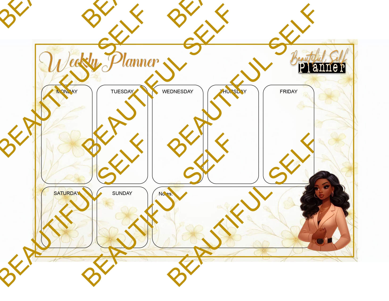 Weekly planner with black woman and yellow flower theme